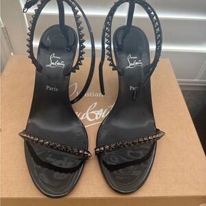 Christian Louboutin Black Patent Leather Studded Ankle-Strap Heels Size 37